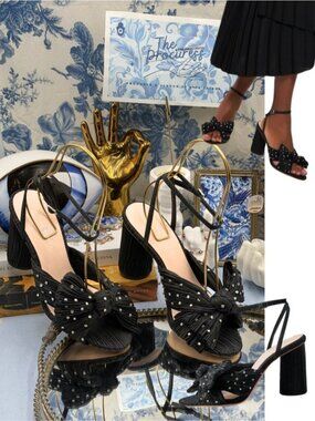 🆕 LOEFFLER RANDALL 🧿 NWOB Camellia Pleated Bow Heel, Black with Crystals - Sz7